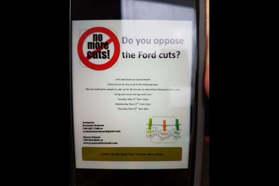 Over the past three days citizens have gathered at the local MPP office to protest the cuts being made by the Ford government. Photo by Georgina Naccarato/Bulletin