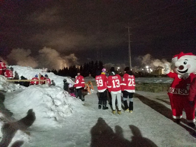 The Soo Greyhounds joined fans at Bon Soo Tuesday night for some fun on the bum slides at the Machine Shop