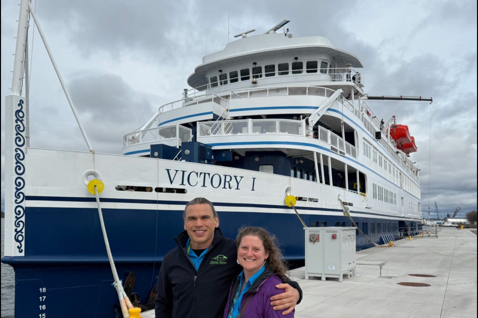 Thrive Tours CEO Brad Robinson, left, and founder Amanda Cora recently collaborated with Victory Cruise Lines to offer guests an Indigenous-themed cultural experience in Baawaating. 