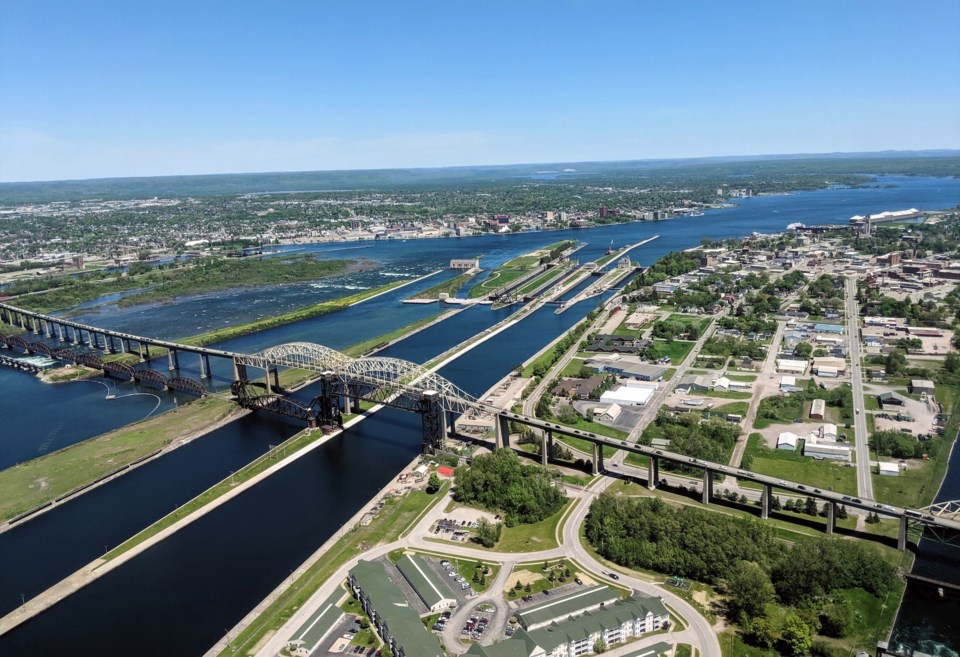 Aerial view of Sault Ste. Marie and the International Bridge