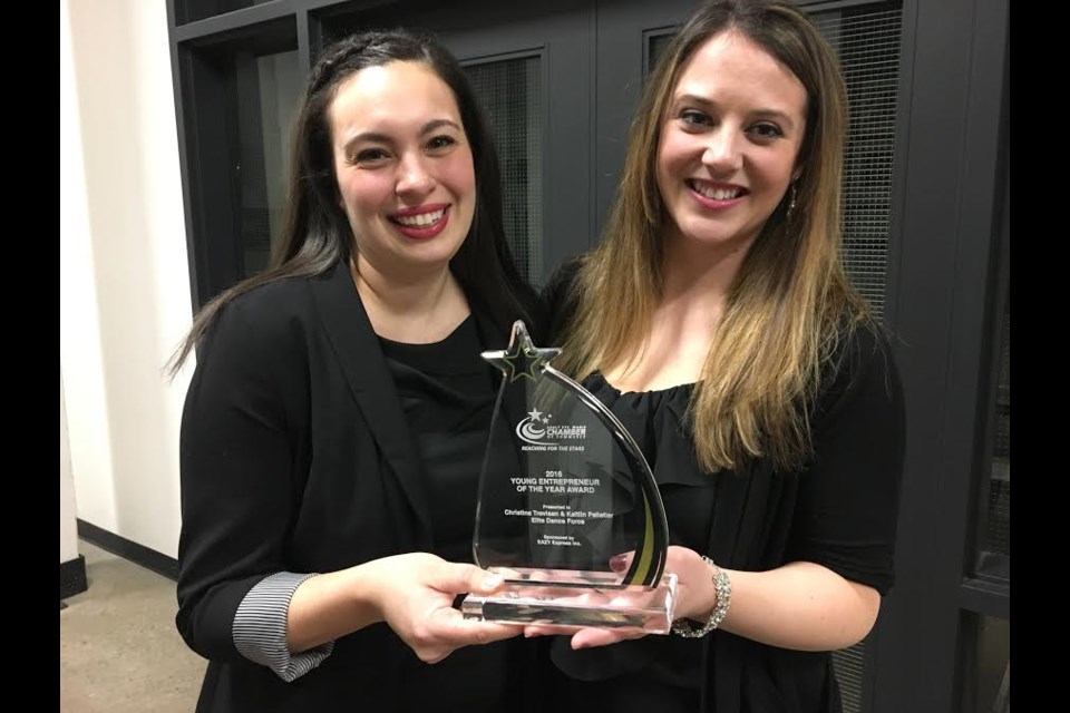 Christina Trevisan and Kaitlin Pelletier, owners/instructors at Elite Dance Force, won in the Young Entrepreneur of the Year category at this year's Chamber of Commerce awards, Feb. 18, 2017. Darren Taylor/SooToday 