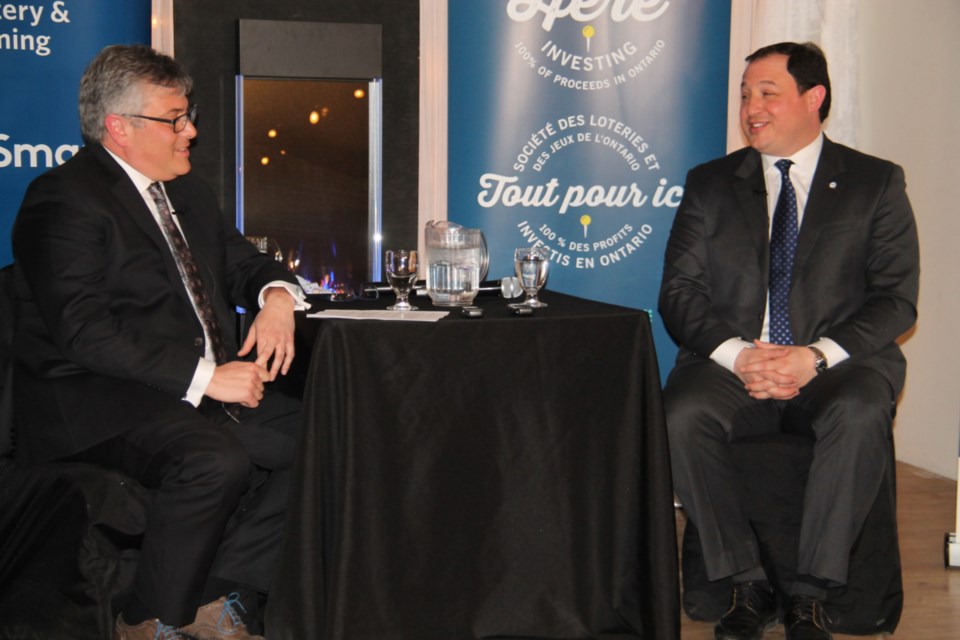 Sault Mayor Christian Provenzano takes questions from Carlo Spadafora, the Sault Ste. Marie Chamber of Commerce board’s 1st vice president, at a chamber luncheon and fireside chat held at The Grand Gardens Verdi Ballroom, March 28, 2019. Darren Taylor/SooToday