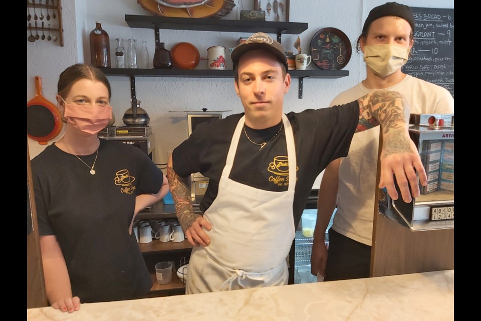 John Armstrong, Ernie’s Coffee Shop owner/operator (centre), with employees MacKenzie Mooney and Riley Bradford, August 27, 2020. Darren Taylor/SooToday  