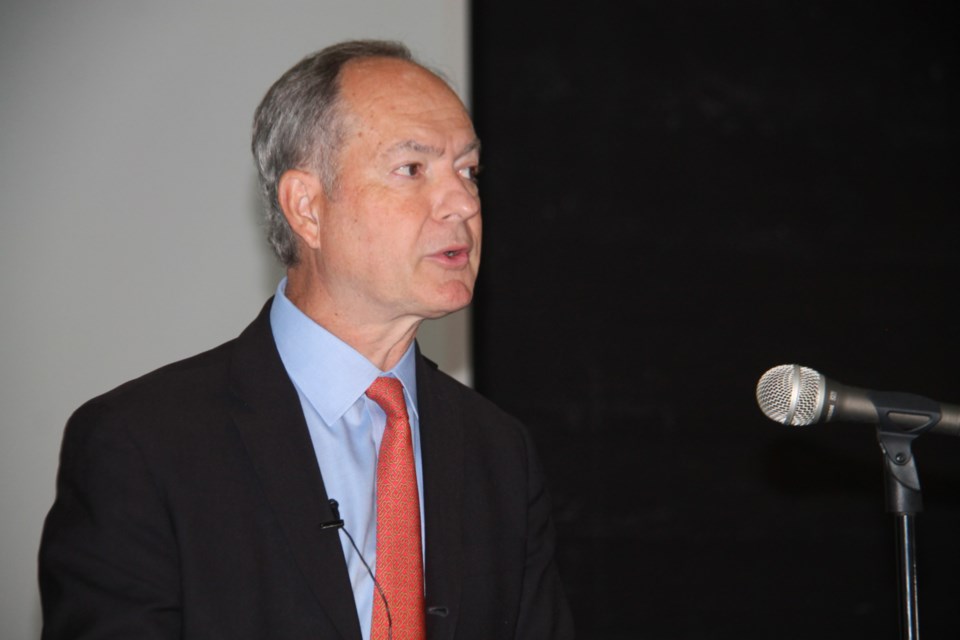 Peter Bethlenfalvy, Ontario minister of finance, speaks to a Sault Ste. Marie Chamber of Commerce audience at The Machine Shop, August 5, 2021. Darren Taylor/SooToday