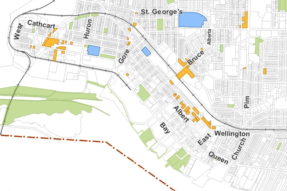 City Council's preferences for cannabis store locations are coloured yellow on this map, prepared for Alcohol and Gaming Commission of Ontario. Active schools are marked blue