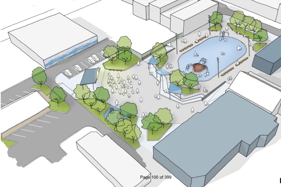 Axonometric concept rendering of proposed downtown plaza. Skating rink/ water park is at the top right, bordering Queen Street. Stage and play area are at middle left near Bay Street