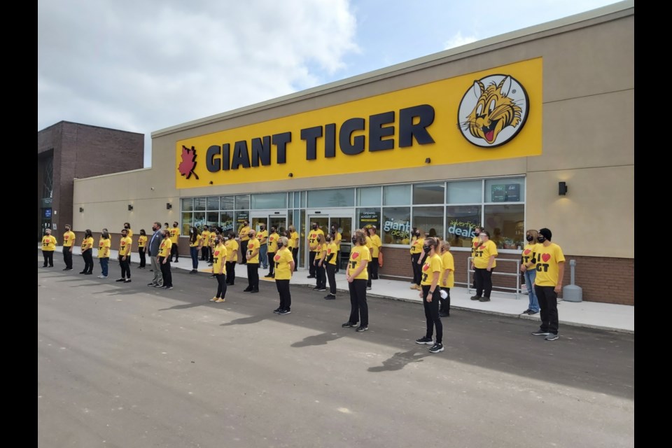 Sault Ste. Marie’s Giant Tiger store employees gather for a staff-only ribbon cutting, Aug. 28, 2020. Darren Taylor/SooToday