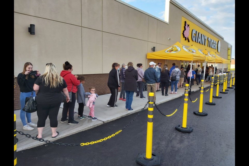Eager customers lined up for the long-awaited grand opening of the Sault’s new Giant Tiger location at Wellington Square Mall on Trunk Road, Aug. 29, 2020. Darren Taylor/SooToday