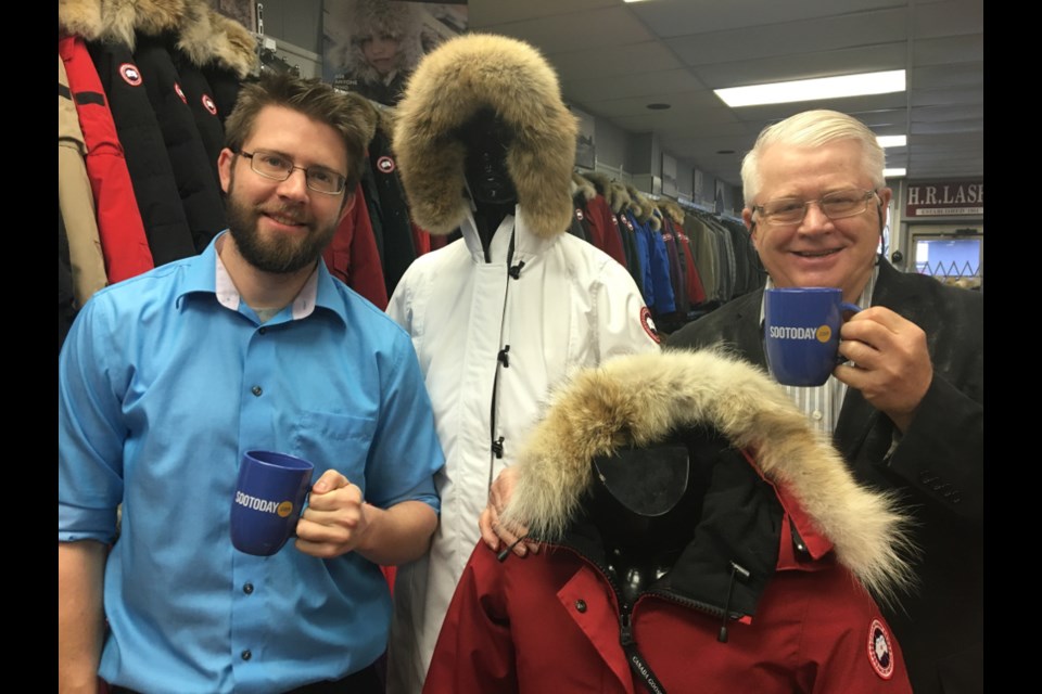 Herb Lash Jr. and Herb Lash Sr. of H.R. Lash with a pair of SooToday mugs and high-quality clothing, Nov. 1, 2017. Darren Taylor/SooToday