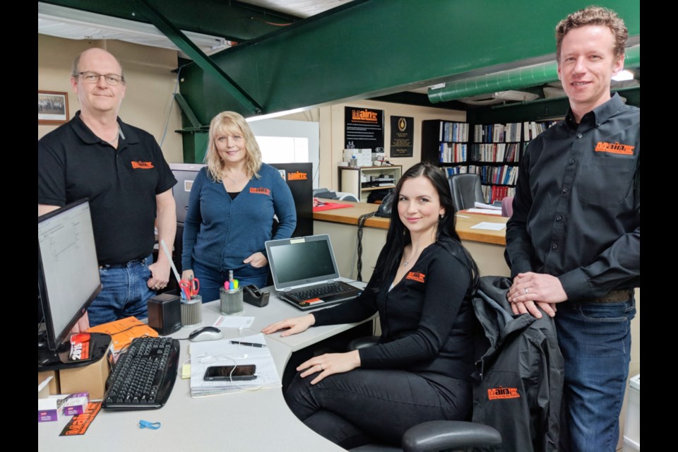 Geoffrey McLurg, Main Filter engineering manager and technical specialist, Cassandra Becking, technical engineering support, Rianne MacKenzie, marketing, and Patrick Gladu, business development, will be representing Sault company Main Filter at two trade shows in Germany this month. (Darren Taylor/SooToday)