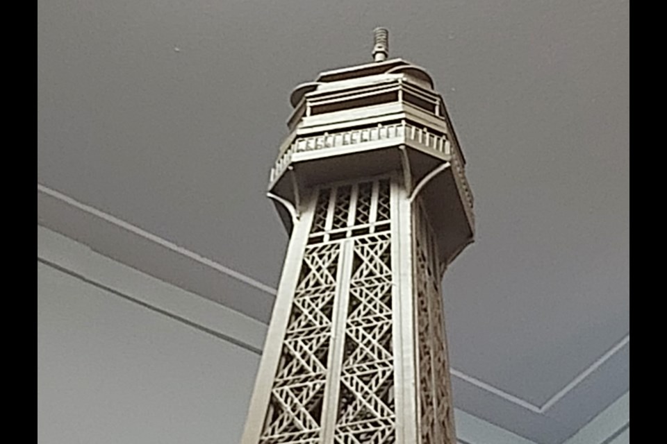 Close up of a nine foot tall wooden Eiffel Tower on display and on sale at L & D’s Art Gallery and Framing, Oct. 28, 2020. Darren Taylor/SooToday