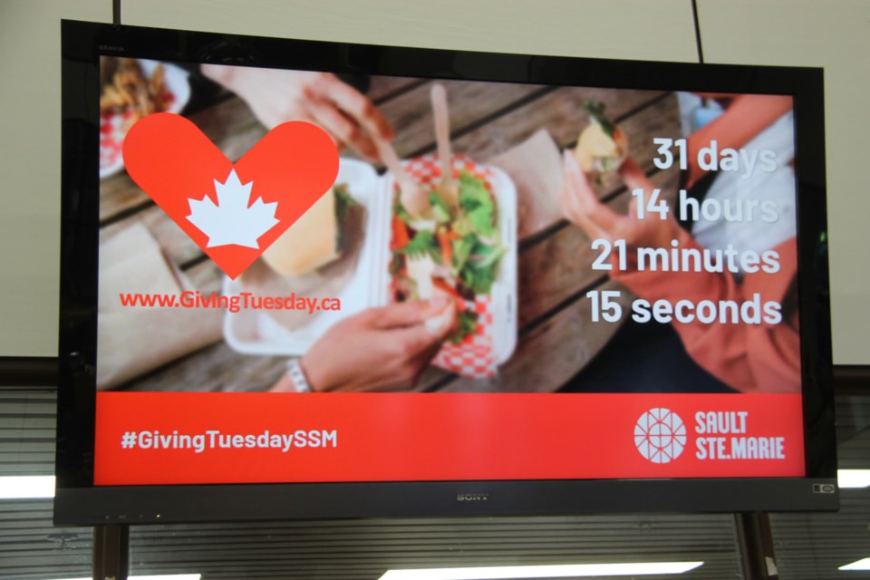 The City of Sault Ste. Marie’s countdown clock for Giving Tuesday, which wraps up Dec. 3, located in the Civic Centre lobby, Nov. 1, 2019. Darren Taylor/SooToday
