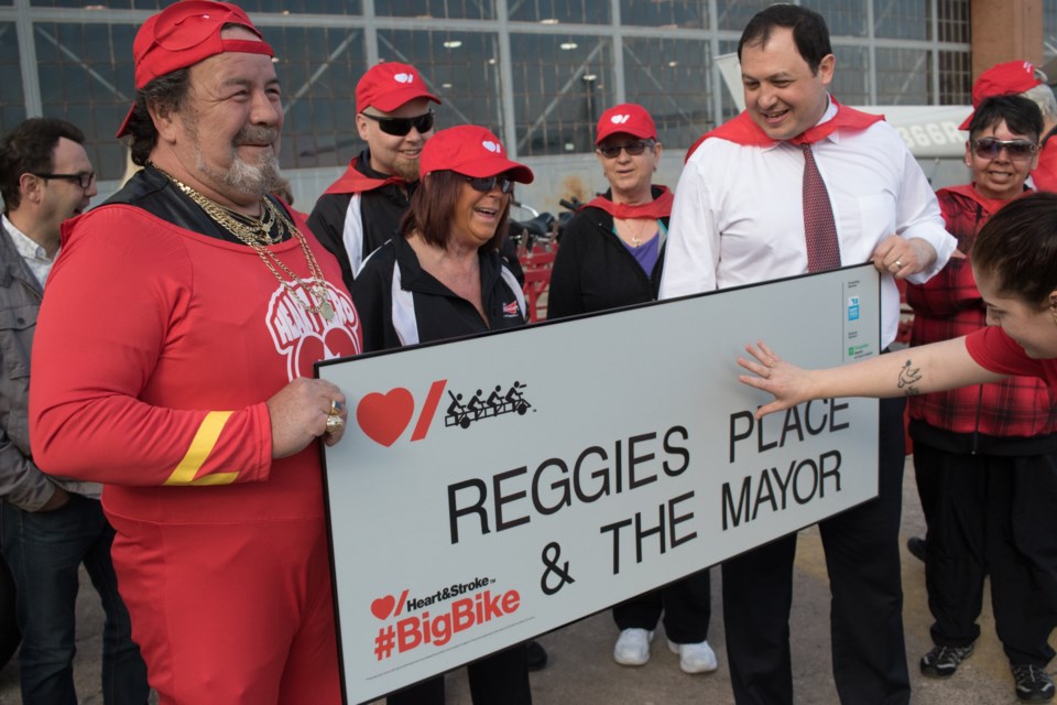 Mayor Christian Provenzano teamed up with Reggie's Place bar to ride the 'Big Bike' and raised $3178 for the Heart and Stroke Foundation of Canada on May 4, 2017. Jeff Klassen/SooToday