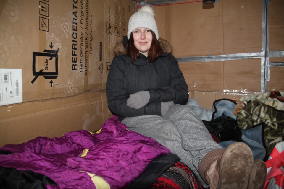 Kaedri Miles was one of 50 people who slept outdoors in a cardboard box overnight in the revived Great Soup Kitchen Sleep Over, a Sault Ste. Marie Soup Kitchen Community Centre fundraiser, Nov. 8, 2019. Darren Taylor/SooToday