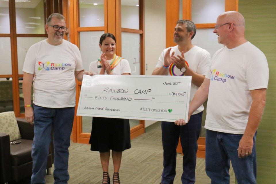 TD Canada Trust has donated $50,000 to Rainbow Camp as part of its #TDThanksYou campaign. The donation will enable the LGBTQ2S+ youth camp to extend its programming for one week next summer. Left to right: Rainbow Camp co-founder Chris Southin, TD Canada Trust branch manager Laura Newman, TD Canada Trust district vice president Trevor Rachkowski, Rainbow Camp co-founder Harry Stewart. James Hopkin/SooToday