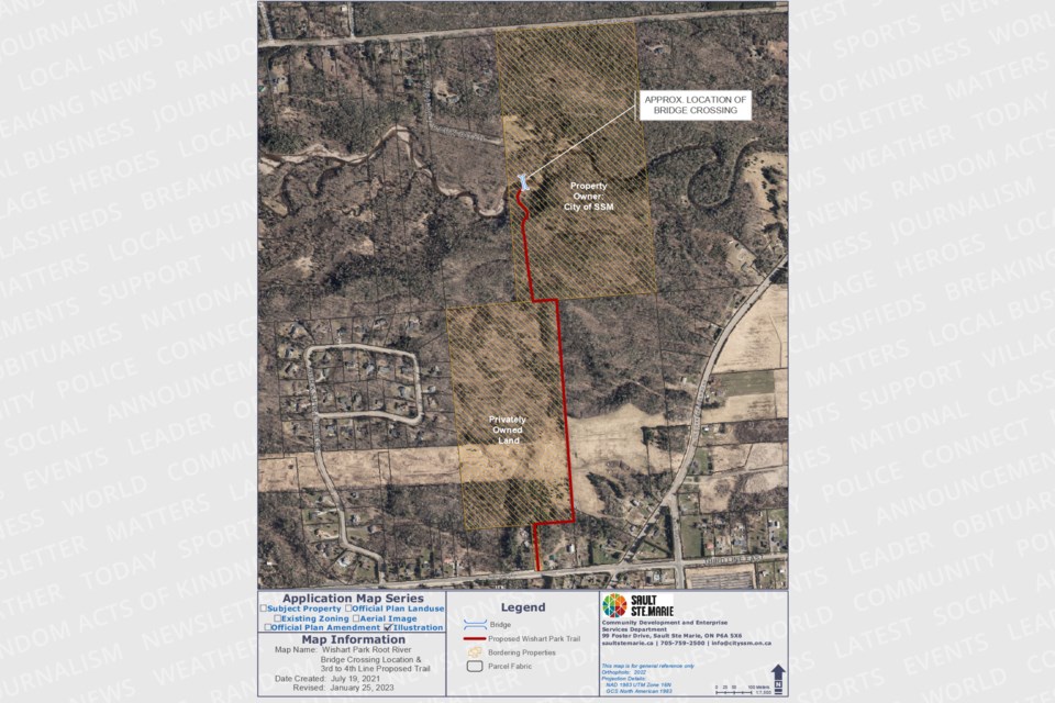 A portion of the soon-to-be constructed Hiawatha Highlands and Conservation Area Connector Trail is marked in red, beginning on Third Line and extending to Wishart Park. From there it is planned to follow the Red Pine trail system to Fifth Line and over to Kinsmen Park.