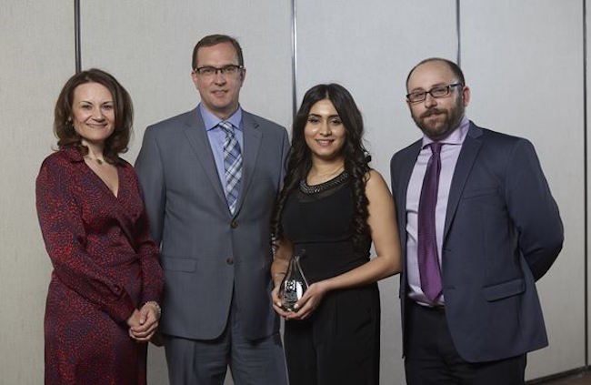 At the awards ceremony are (from left) the SSMEDC’s Andrew Ross, Harleen Puaar and Dan Hollingsworth with Christina Kakaflikas, 2017 president of the Economic Development Council of Ontario. (Supplied photo)