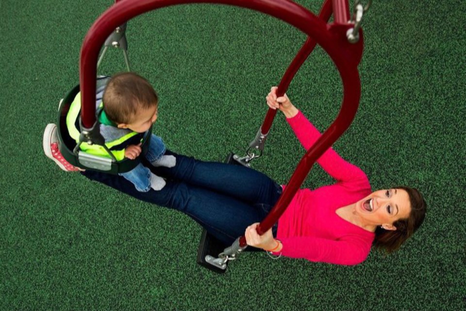 GameTime Canada's 'Expression' swings are described by the company as "the industry’s first playground swing that promotes intergenerational play as adults and children swing together"