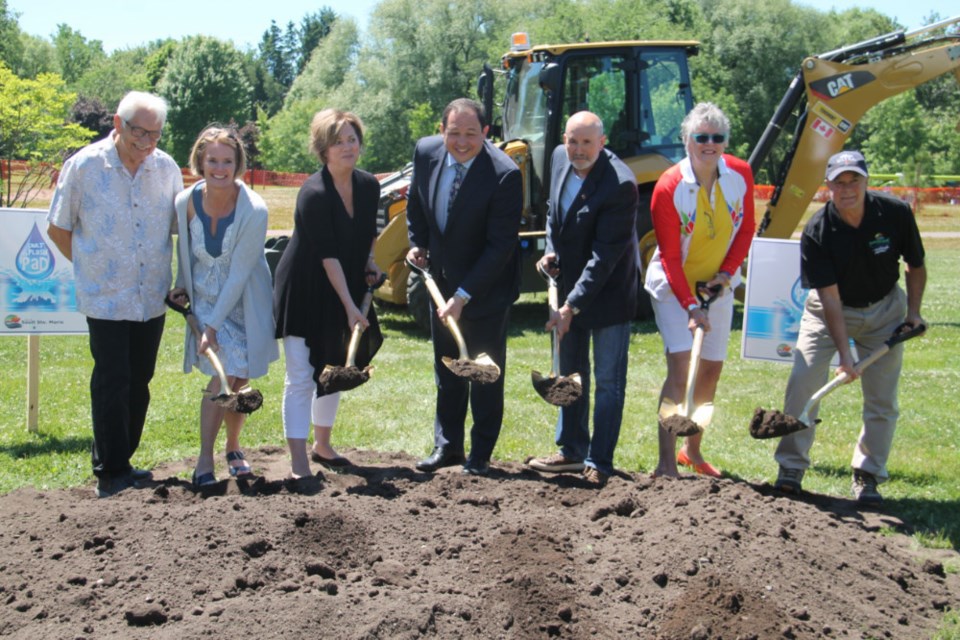 Sault Mayor Christian Provenzano, flanked by city councillors, at the groundbreaking ceremony for the city's new splash pad at Bellevue Park, June 21, 2018. Darren Taylor/SooToday