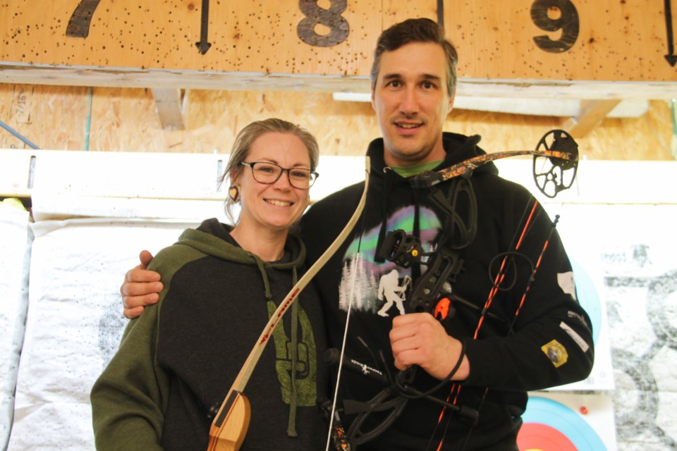 Sault archers Lana Perry and Jacob McEachern, experienced archery competitors and owners of Arrows in Motion at the Algoma Rod and Gun Club, Feb. 12, 2024.