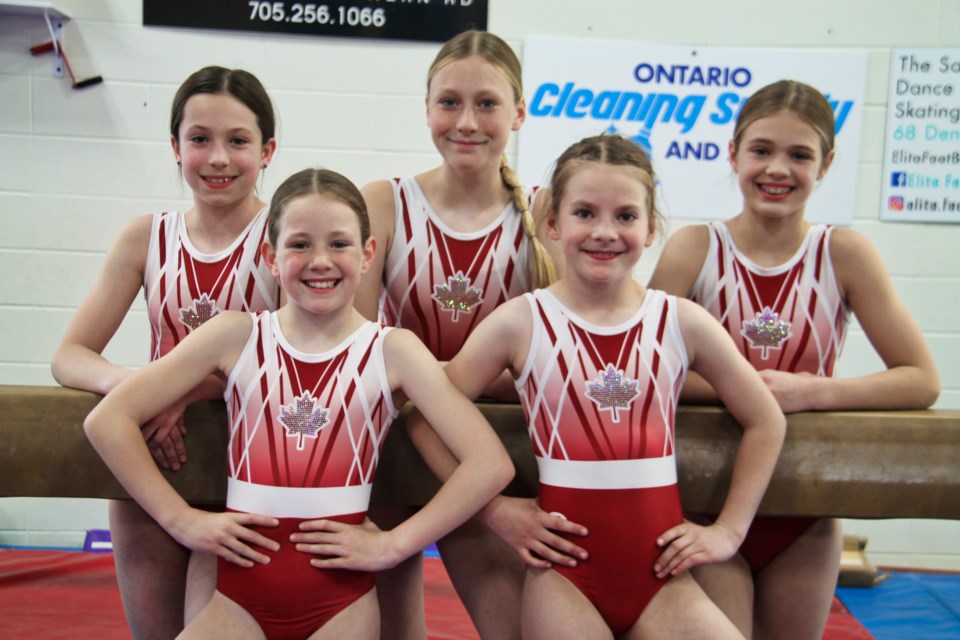 Sault Ste. Marie Gymnastics Club athletes Peyton O’Brien, Ivy Mooney (front row), Reagan Deschamps, Daiveny Pringle and Ava Greener (back row), May 15, 2024.