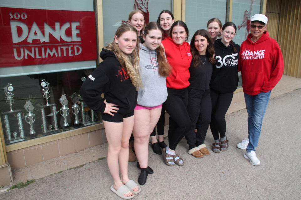 Christine Cloutier, Soo Dance Unlimited owner and director at far right with dance students Mackenzie Fuller, Alexis Pawelek, Michaela Yanni, Gabriella Clayton, Emma Bruni (front row), Emma Houghton, Lillian Cochrane and Emma Hiddleston (back row), April 9, 2024.