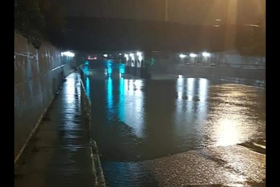 Flooded underpass on Wellington West Wednesday night. Photo submitted by Jenn Kaustinen