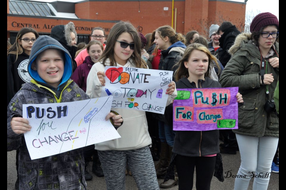 Central Algoma Secondary School students from grades 6 - 8 met and accompanied Joe Roberts to show support for Push For Change. Donna Schell for SooToday