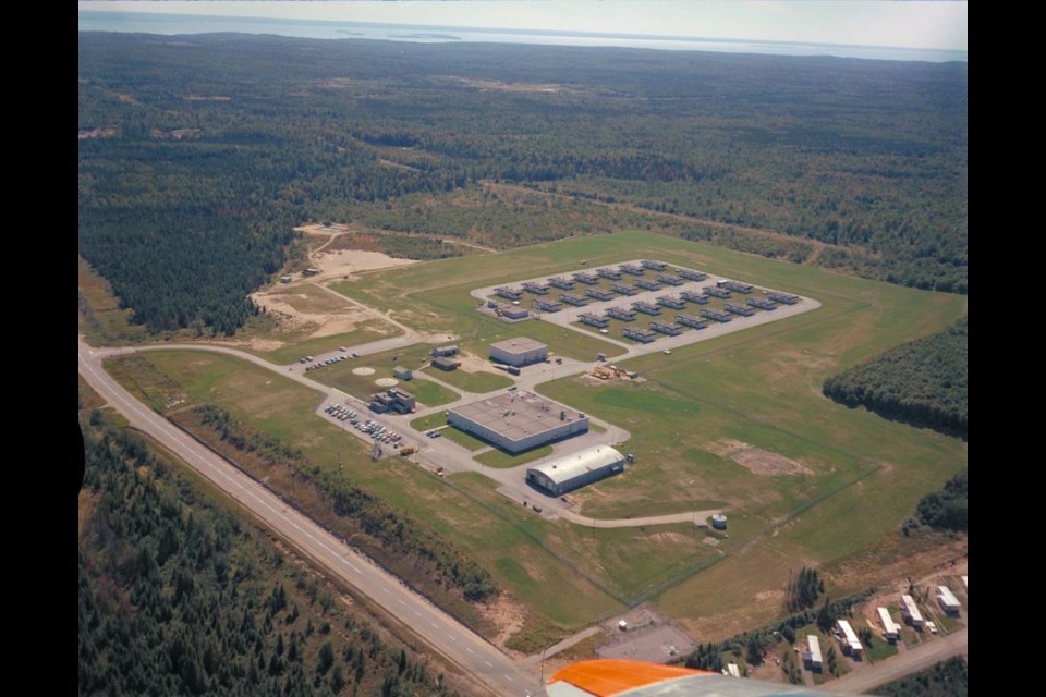 An aerial photo of Highway 11, 446 Squadron BOMARC base.   Photo courtesy Doug Newman, Wing Heritage Officer, 22 Wing Heritage Officer, (retired) Canadian Forces Base North Bay