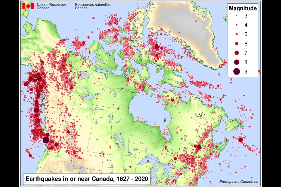 This map shows the magnitude and frequency of earthquake events from 1627 to 2000. 