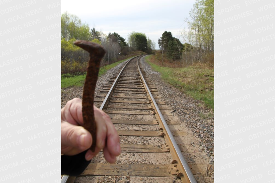 Elmer Rose holds up a spike representative of the first spike of the CPR on this trackbed curve west of Rutherglen.