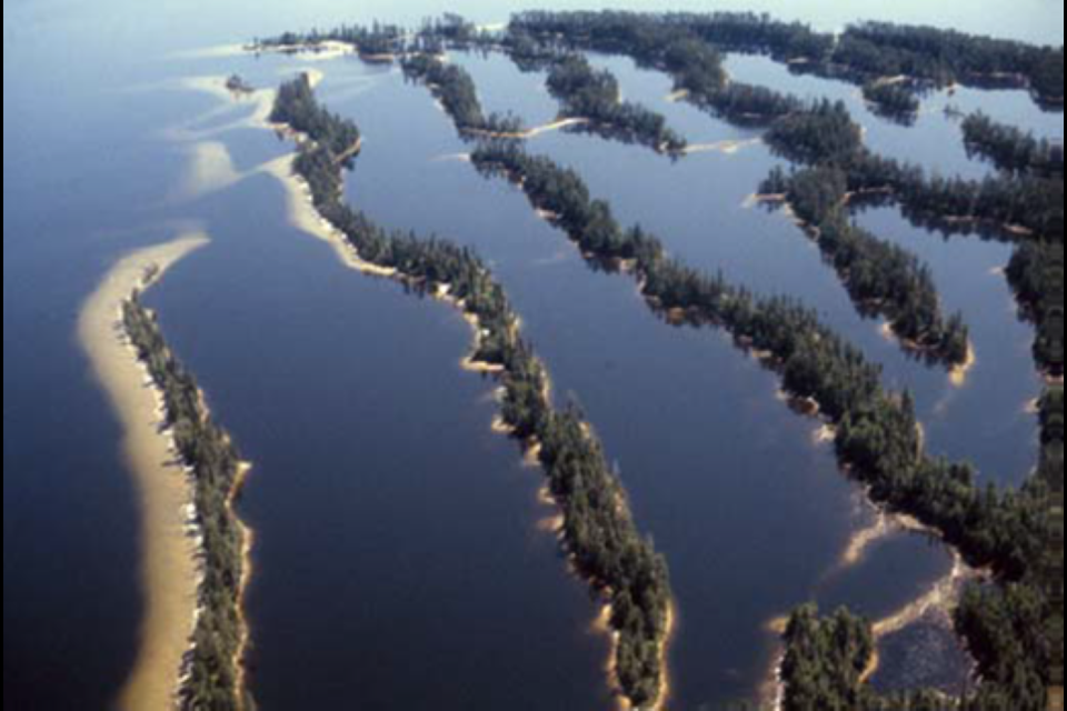 This aerial shot shows the fingers of the esker dunes on Lady Evelyn Lake. 