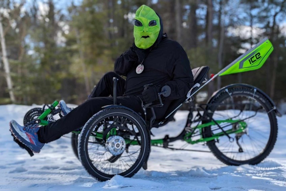 These trikes are almost out of this world, at least Bill thinks so.  Colour coordinated in his alien costume.