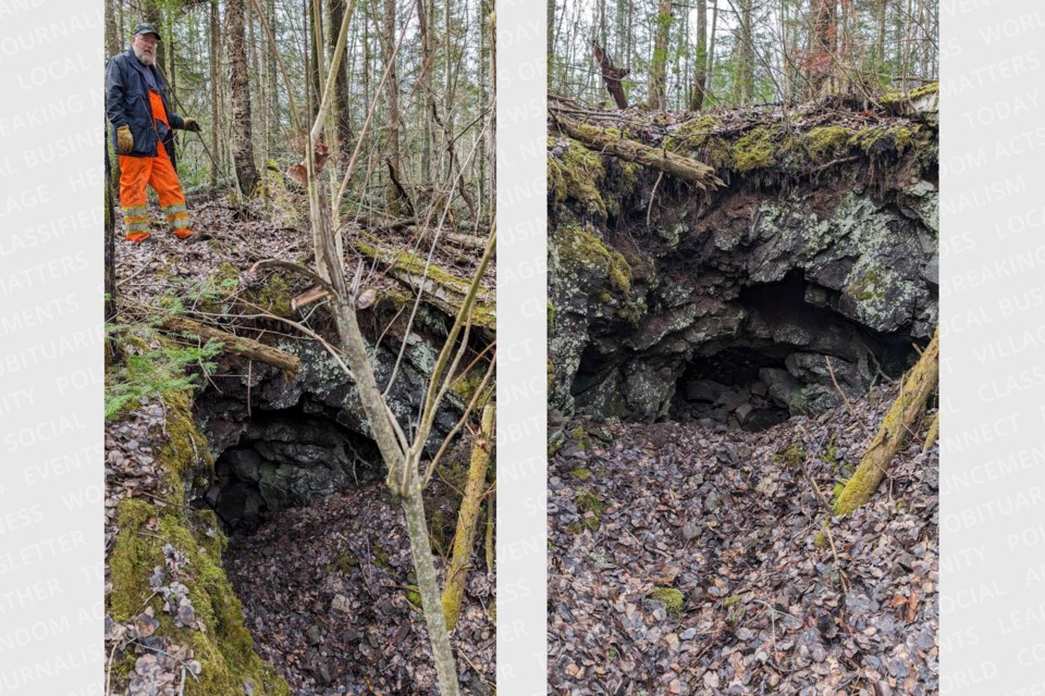 (First image) Brian Emblin of  Timmins stands above the copper mine adit on Pointe aux Mines site of the Mica Bay Incident.   
(Second image) This is the trench leading up to the adit, there are several trenches in the area.