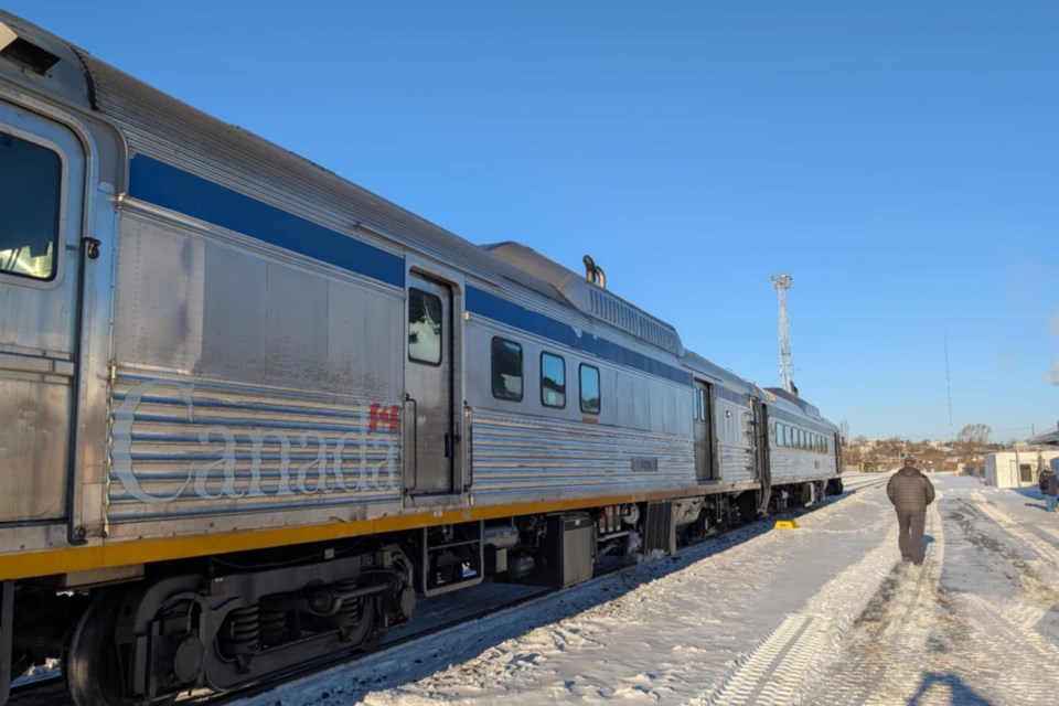 At the Sudbury VIA station on Elgin St. in Sudbury, the Budd car is sitting outside the station ready to travel north to White River. 