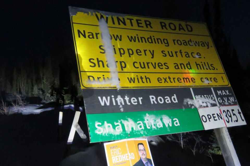 One of the warning signs at the beginning of the Wapusk Trail, the longest seasonal road in the world.