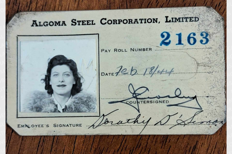 Women working at Algoma Steel numbered in the 500s near the end of the Second World War. Dorothy D'Simon's photo identification.