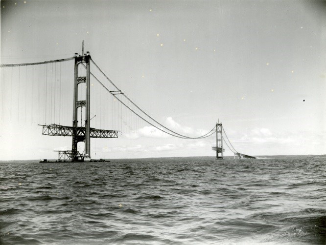The Mackinac Bridge is pictured during construction. Sault Ste. Marie Public Library archive photo