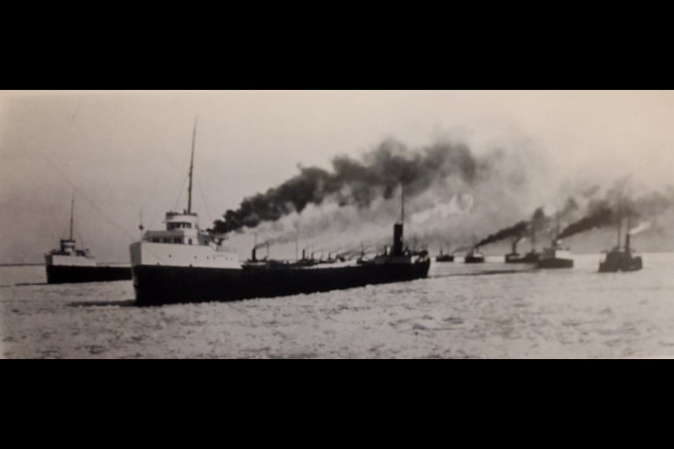 A freighter stuck in the ice during the ice blockade of 1926. Sault Ste. Marie Public Library photo