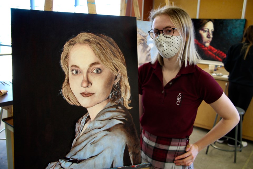 Madison Delfgou, Grade 12 St. Mary’s College art student with self portrait, Nov. 12, 2020. Darren Taylor/SooToday