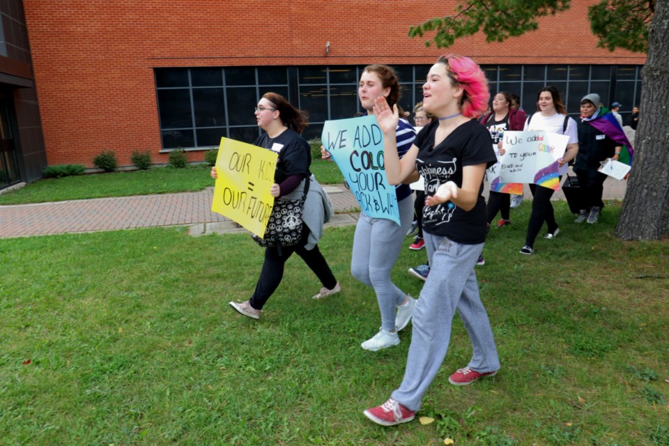 Students at White Pines Collegiate and Vocational School walked out of the school Friday afternoon in protest of the provincial government's changes to the sex-ed curriculum. James Hopkin/SooToday