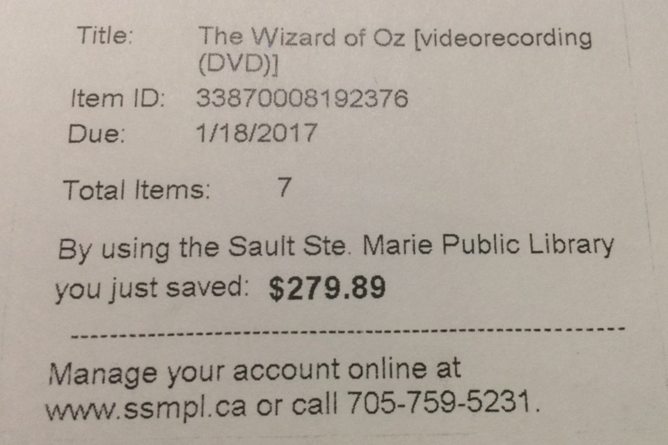 New receipts provided by Sault Ste. Marie Public Library are intended to 'demonstrate to the community the worth of the materials they borrow.' Photo by David Helwig/SooToday 