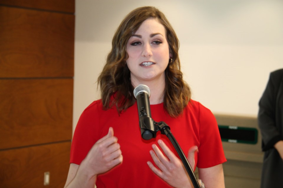 Katie McLellan, Algoma University student and Sault College graduate, speaks at a diploma to degree agreement signing ceremony at Sault College, Jan. 24, 2019. Darren Taylor/SooToday