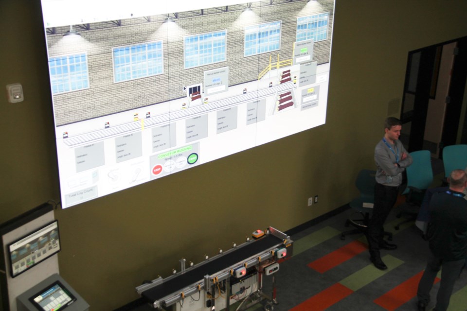A scale model of the Boniferro automated conveyor project — designed by Sault College students — at a demonstration of the new technology at the college, April 27, 2023.