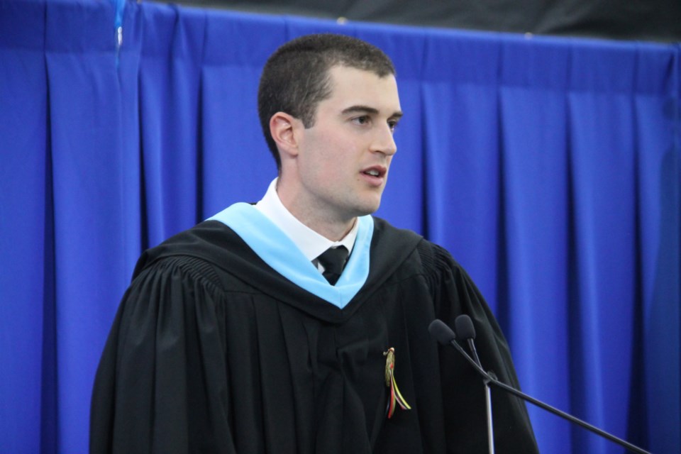 Sault Ste. Marie Police Service Cst. Ryan Vendramin was the keynote speaker at a Sault College convocation ceremony for Justice Studies graduates, June 8, 2023.