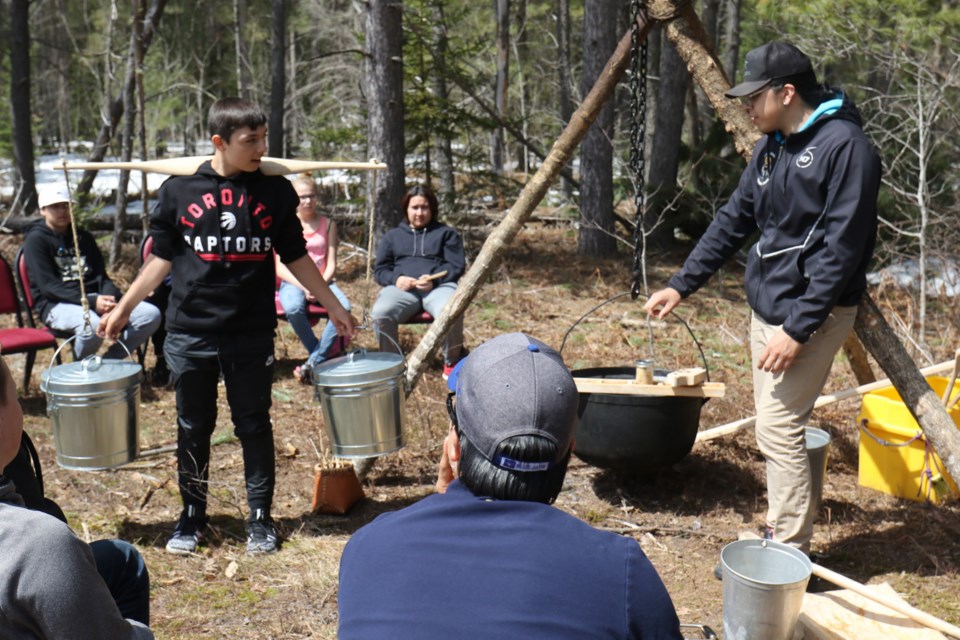 Miish Shawanda with Great Lakes Cultural Camps facilitates 'Life In An Anishinaabe Sugar Bush Camp' as part of the ADSB Indigenous student cultural leadership camps in Garden River First Nation. James Hopkin/SooToday 