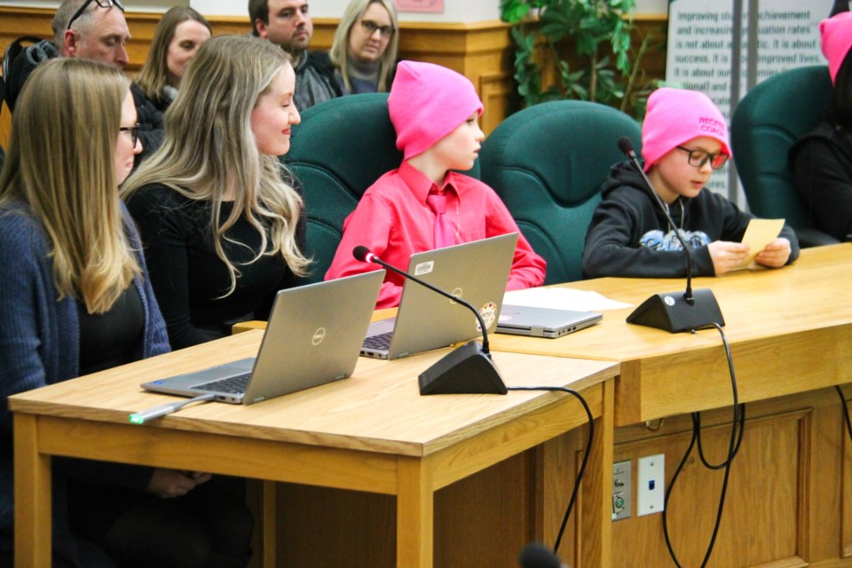 Taylor Eustis and Nicole Kay, Algoma District School Board Recess Rethink educators listen to Recess Rethink coaches at an ADSB meeting, Feb. 6, 2024. 