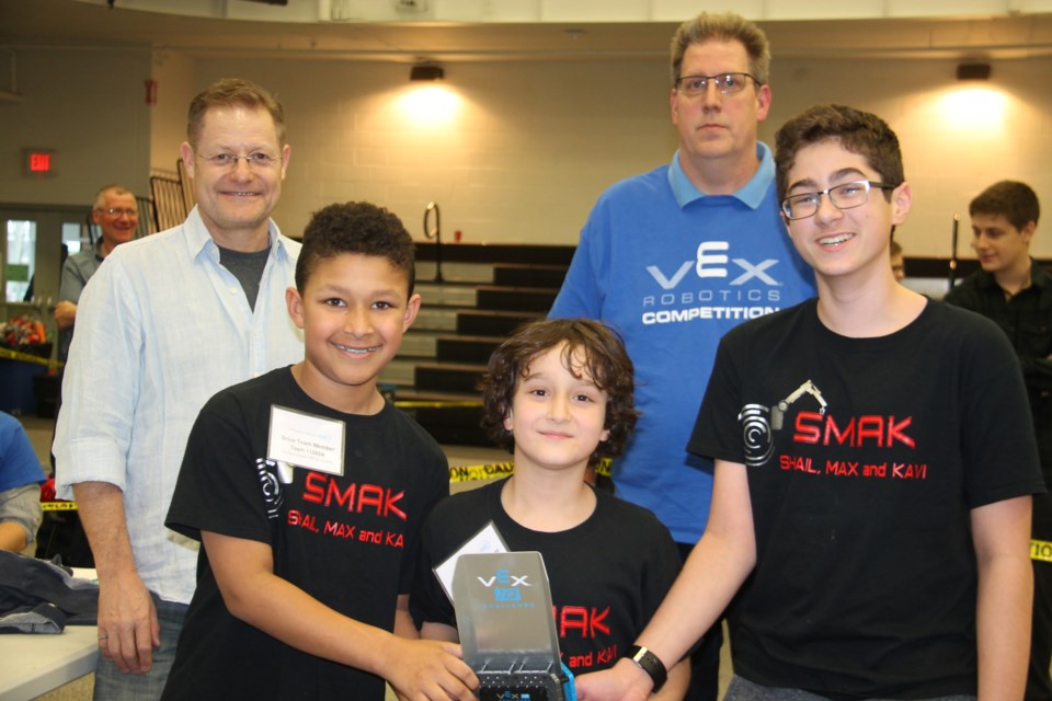 Team S.M.A.K. from the ADSB’s Francis H. Clergue French Immersion Public School was the overall winner in the VEX IQ Robotics Northern Ontario Qualifier, held at Sault College’s Health and Wellness Centre, Jan. 21, 2017. Darren Taylor/SooToday