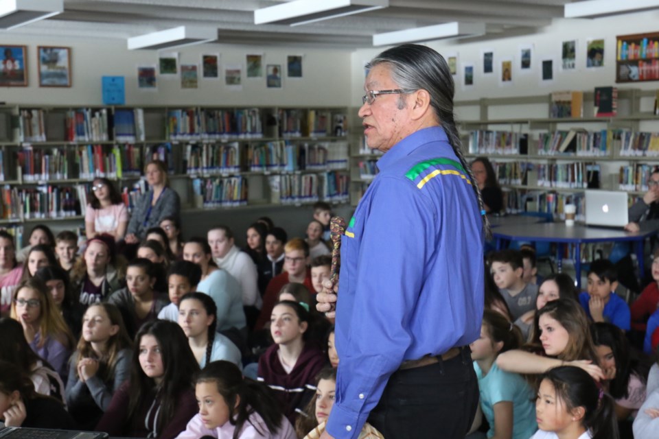 Edmund Metatawabin speaks to students at St. Mary's French Immersion School about his experience at St. Anne's Residential School in Fort Albany, Ont. James Hopkin/SooToday