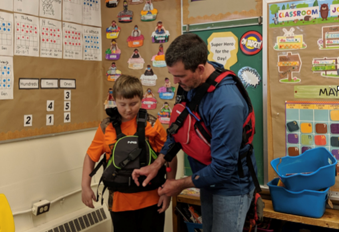 Certified kayak and water safety instructor and teacher with Huron-Superior Catholic District School Board taught students at St. Basil's Catholic School in White River about water safety on Friday. Photo provided